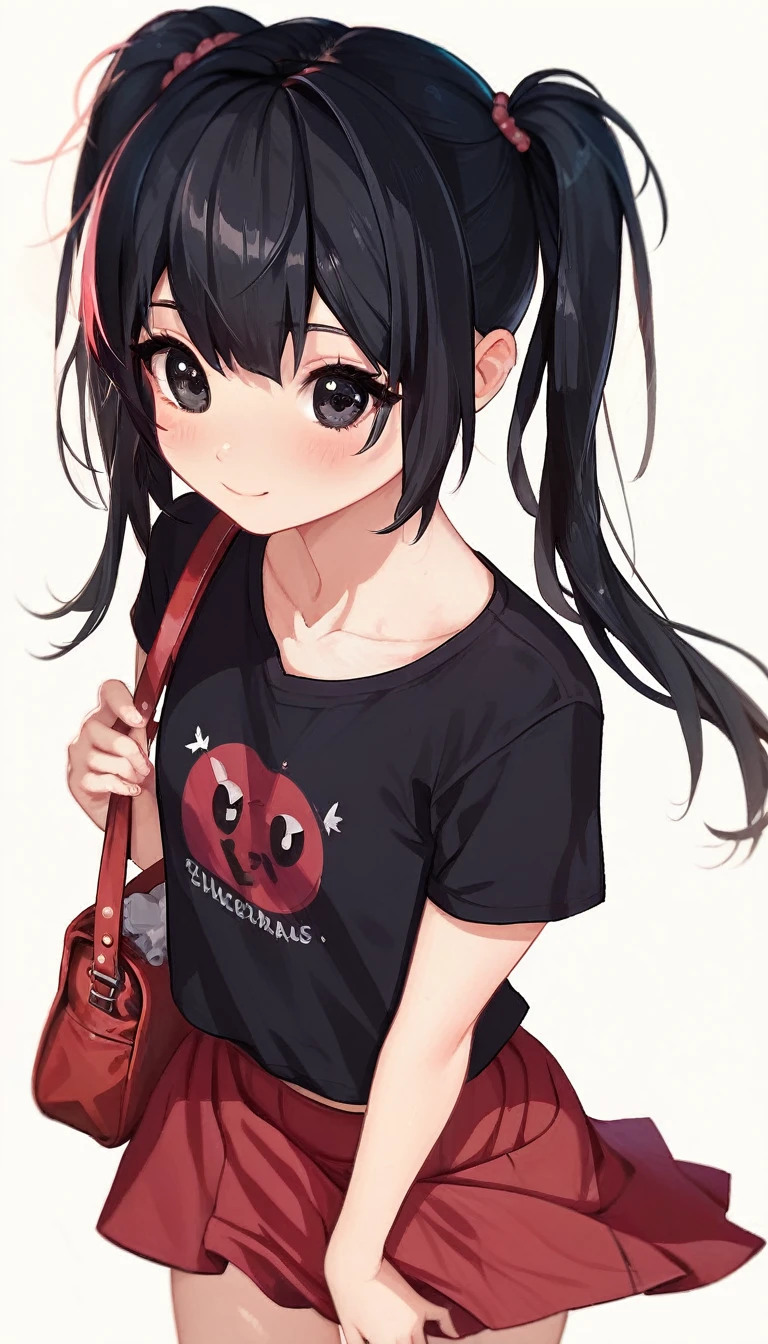 16K,1girl,12 years old,very cute,black hair,twintail,thin twintail,black eyes,r-shirt,Short sleeve,Red Skirt,Red School Bag,flat chest,white background,blush,light smile