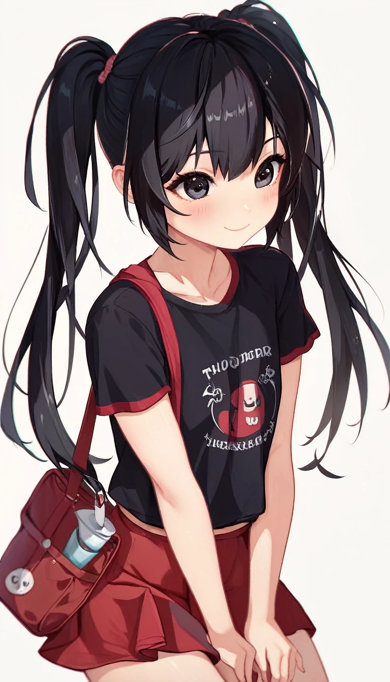 K,1girl,12ery cute,black hair,twintail,thin twintail,black eyes,r-shirt,Short sleeve,Red Skirt,Red School Bag,flat chest,white background,blush,light smile