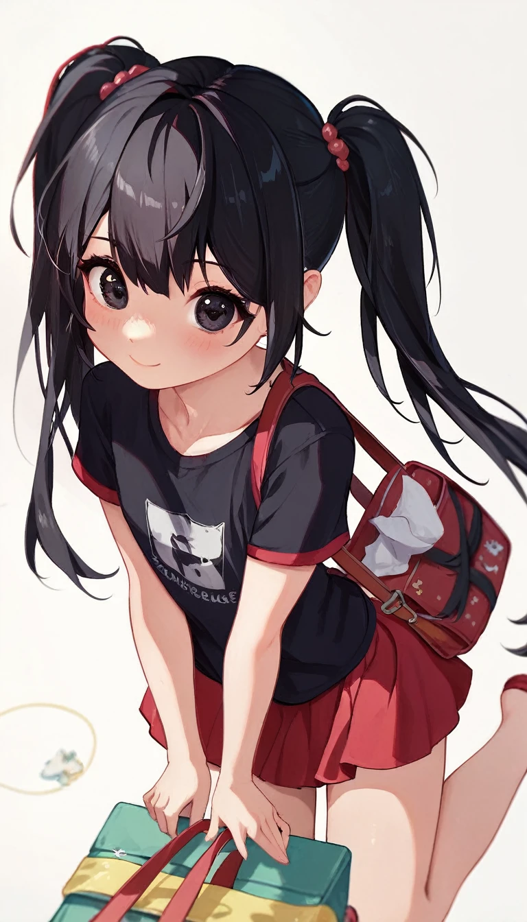 16K,1girl,************,very cute,black hair,twintail,thin twintail,black eyes,r-shirt,Short sleeve,Red Skirt,Red School Bag,flat chest,white background,blush,light smile