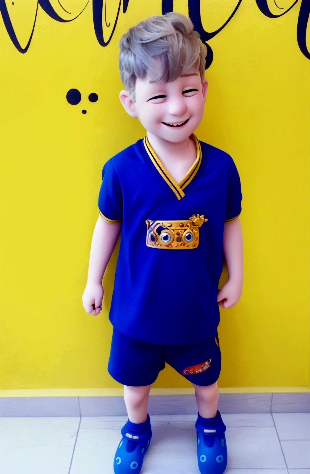 a happy boy with short blond hair, wearing a space costume, , White background, the , tom, Pixar-style, ....3d, Cartoon s