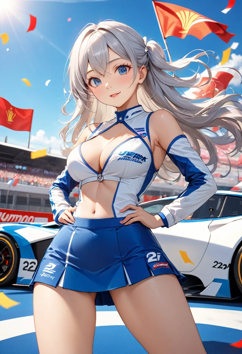 Highest quality, Super quality, 16K, Incredibly absurd, Very detailed, 2.5D, delicate and dynamic, blue sky, Confetti, Racing Car, flag, Small face, Extremely delicate facial expression, Delicate eye depiction, Extremely detailed hair, Upper body close-up, erotic, sole sexy lady, healthy shaped body, 22 years old lady, Race Queen, 170cm tall, big firm bouncing busts, white silver long hair, sexy long legs, Glowing Skin, , Flashy Race Queen costume, blue tight skirt, white leather long boots, Formula 1, Auto Racing Track