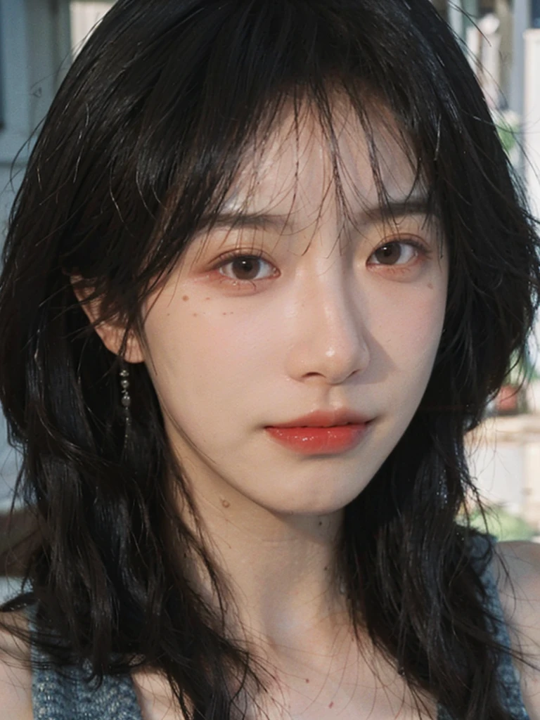 (Skin details:1.4), (smooth skin textures:1.3), Lipstick, background,海滩background, Direct vision, earrings, serene, calm, (Realistic and detailed eyes:1.2), Natural skin texture, Realistic facial details, Soft dramatic lighting, Vivid details, 35 mm film, outdoor, (Photo Practical:1.4), (hyper Practical:1.4), (Practical:1.3), (Smoother lighting:1.05), (Improve lighting quality:0.9), (Highest quality real skin textures:1.4), Exquisite eyes, Delicate face, Close-up of face, (Enhance the beauty of skin texture:1.1), Hair details, Vest,normal body ratio, short hair, Moles under the eyes, thinking, A faint smile,公园background,Portrait Photography, Depth of Field, Bokeh, Surrealism, Ray Tracing, (Portrait Photography:1.1), Surrealism, High Detail, Chiaroscuro, Ray Tracing, reflected light, Ultra HD, Ultra HD, masterpiece, Textured Skin, Super Detail, High Detail, high quality, best quality