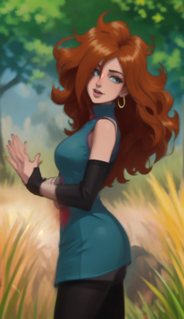 work of art, best qualityer, high resolution, aaandro, chestnut hair, long hair, curly hair, blue colored eyes, hoop earings, two-tone dress, plaid dress, sleeveless, black pantyhose, Dragon sphere, plein-air, waving, ssmile, gaping mouth,