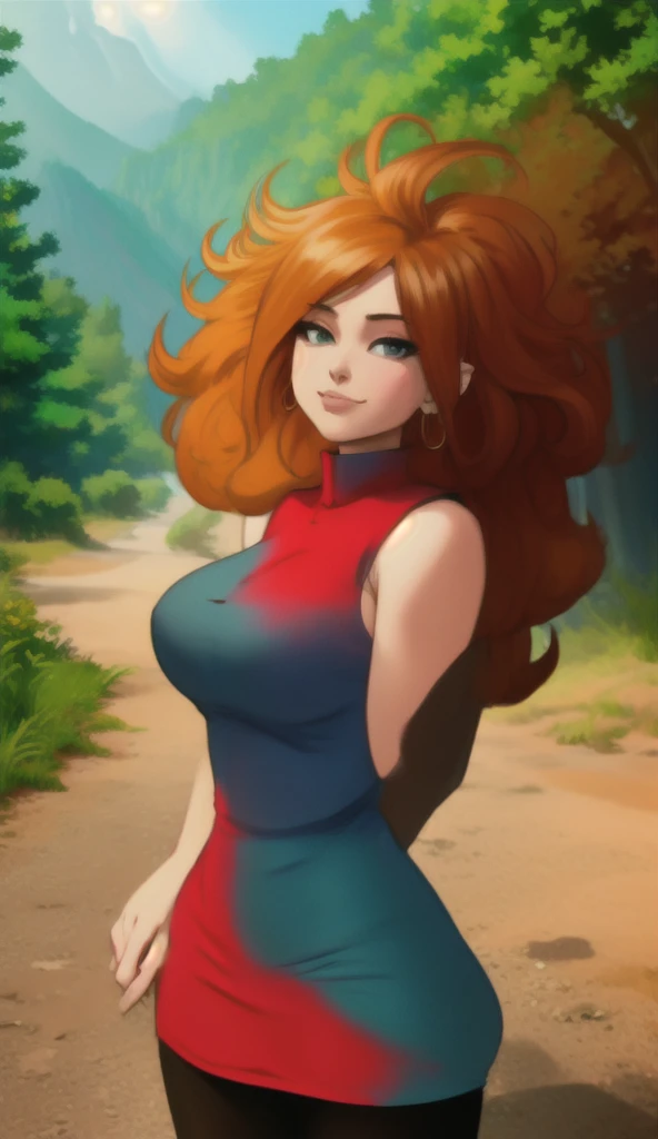 work of art, best qualityer, high resolution, aaandro, chestnut hair, long hair, curly hair, blue colored eyes, hoop earings, two-tone dress, plaid dress, sleeveless, black pantyhose, Dragon sphere, plein-air, waving, ssmile, gaping mouth,