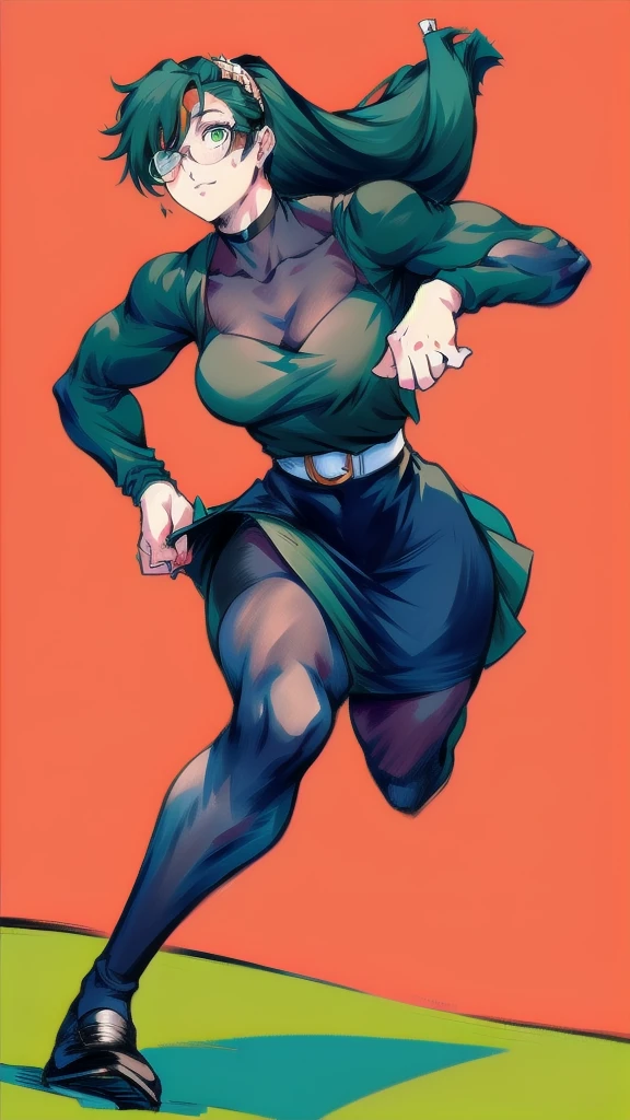 Full body image of Maki Zenin from Jujutsu Kaisen, full body in image, wearing her outfit post-Zenin clan (dark green jacket, matching skirt, black tights, and black shoes, with glasses), long hair tied in a ponytail, female body, athletic and muscular body, visible scars on her face and arms, dynamic pose, detailed pose, simple background, expressive face showing determination, focus on face, line art, sketch