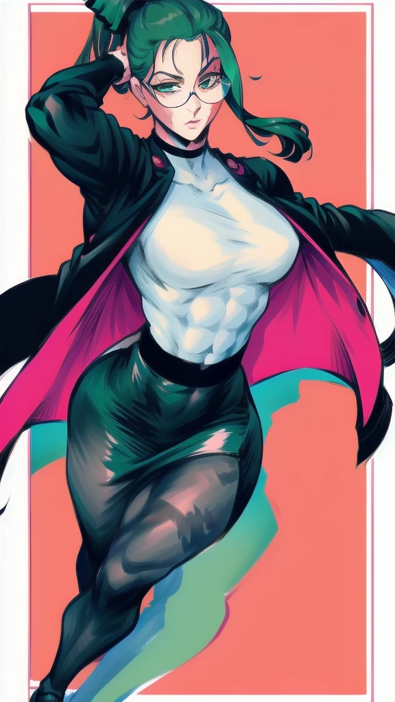 Full body image of Maki Zenin from Jujutsu Kaisen, full body in image, wearing her outfit post-Zenin clan (dark green jacket, matching skirt, black tights, and black shoes, with glasses), long hair tied in a ponytail, female body, athletic and muscular body, visible scars on her face and arms, dynamic pose, detailed pose, simple background, expressive face showing determination, focus on face, line art, sketch
