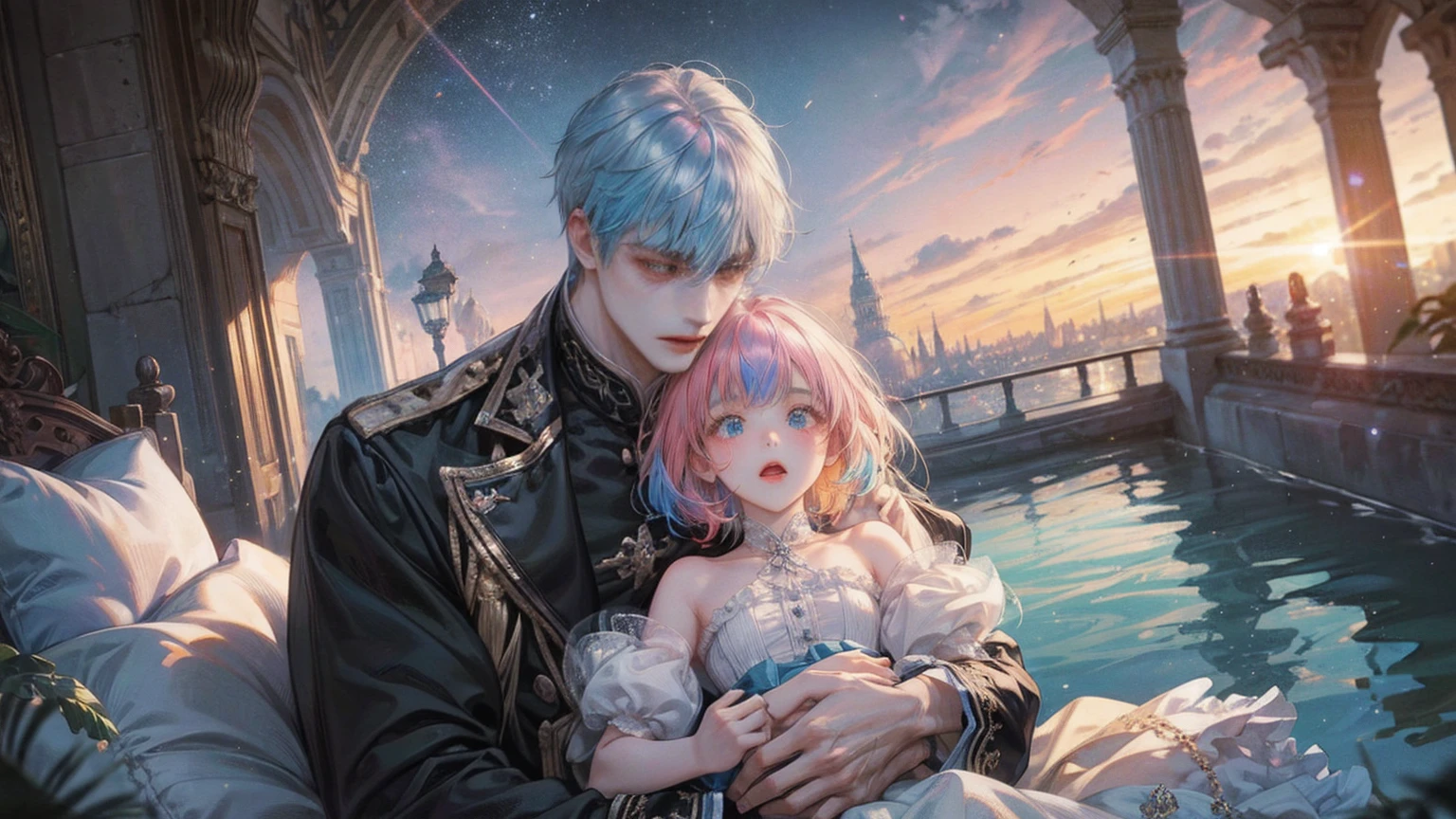 EbonyGoldAIのmasterpiece, 最high quality, high quality, High resolution, (((Beautifully detailed skies))),, growな(grow, wonderful), vision(View), wonderful光景, High resolution, ((Best Shadow)), Night Sky, moonlight, ((Super detailed)), (Best illustrations), ((Very delicate and beautiful)), Dynamic Angle,high qualityの画像品質, quiet, far_Away{{masterpiece}}, 最high quality, Very detailedな CG ユニティ 8k 壁紙, Cinema Lighting, Lens flare, Beautiful details in the eyes, black, Sideways glance, Multicolored Hair, colorful light, particle, Heterochromia iridis, (colorful:1.5), (colorful hair:1.5),{{masterpiece}}, 最high quality, Very detailedな CG ユニティ 8k 壁紙, Cinema Lighting, Lens flare, Beautiful details in the eyes, black, Sideways glance, Multicolored Hair, colorful light, particle, Heterochromia iridis, (colorful:1.5), (colorful hair:1.5),masterpiece, 最high quality, Official Art, 8k wallpaper, Very detailed, Very delicate and beautiful, wonderful, In detail, masterpiece, Super detailed, High resolution,Best illustrations, Best Shadow,Complex,Sharp focus, high quality, A young father holds his young twin boys and girls in his arms tightly and warmly、Draw a scene filled with love and security.。My father is on his way home from work.、Children are innocent and carefree。In the background, a clear blue sky spreads out.、Italy in Summer、View of a stylish modern mansion in Venice。The bright sunlight illuminates the house and the sparkling sea.。 In fact, this30The father of the generation was the former Constantine1This is the world.、The boy-girl twins are formerly Crispus and Fausta。The whole scene、atonement、Forgiveness、Healing、Purification、And the theme of repairing relationships was emphasized.、It expresses the moment when family love and bonds deepen.