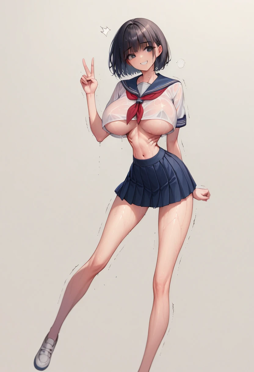 (masterpiece, best quality:1.2), Shader, behind shot, 1girl, kawaii, (super big breasts, micro waist, very long legs:1.5), Black hair, short bob hair, short height, scrawny and thin body, Light Skin, cute big eyes, cute beautiful thin face, , serafuku, pigeon-toed, wet and sweaty, big visible ribs, V sign, Trembling