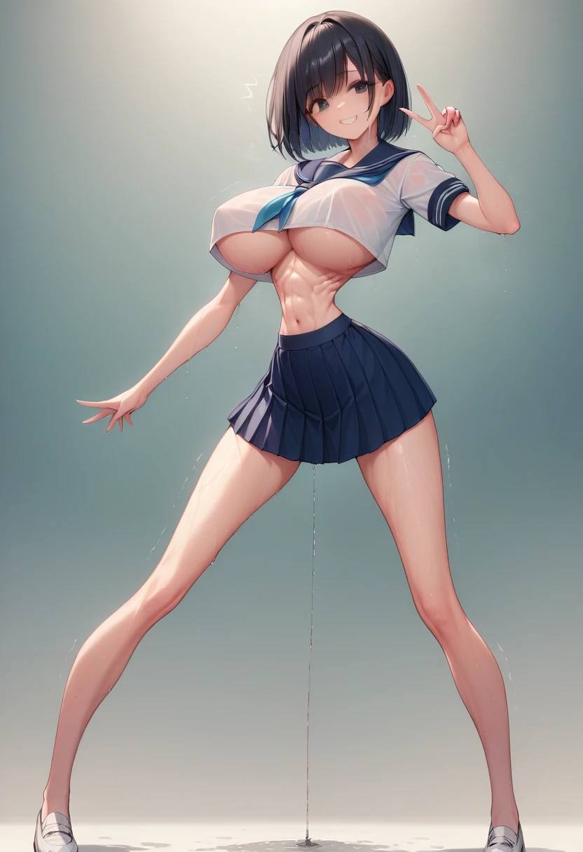 (masterpiece, best quality:1.2), front shot, beautiful 1girl, (super , micro waist, very long legs:1.4), Black hair, short bob hair, short height, scrawny and thin body, Light Skin, cute big eyes, cute beautiful thin face, forced smile, Modest, serafuku, mini skirt, pigeon-toed, V sign, Long and thin navel, Long and thin belly, (beautiful visible ribs:1.2), (Arched back, wet and sweaty, Trembling)