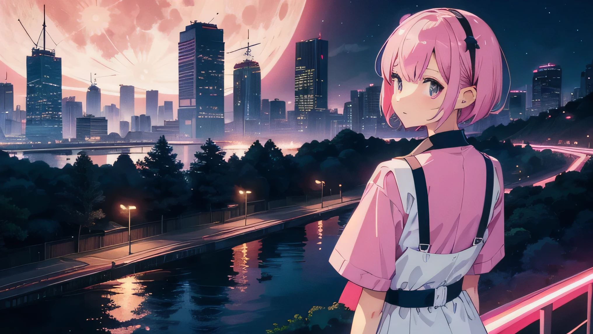 Girl in a sailor suit，Slender body，Pink shorthair，Pink shorthair，Purple headphones，Near future city，Neon Town，Neon Light，Skyscrapers can be seen in the distance，I see a mysterious red moon，Photo of the draw，Shoot from a distance，Take an aerial shot from slightly above，Highest quality，Car tail lights，Afterimage，it&#39;s raining，Don&#39;t stick an umbrella，Ultra HD，８K，Artistic，Japanese anime，Beautiful depiction with detailed images，Highest quality，