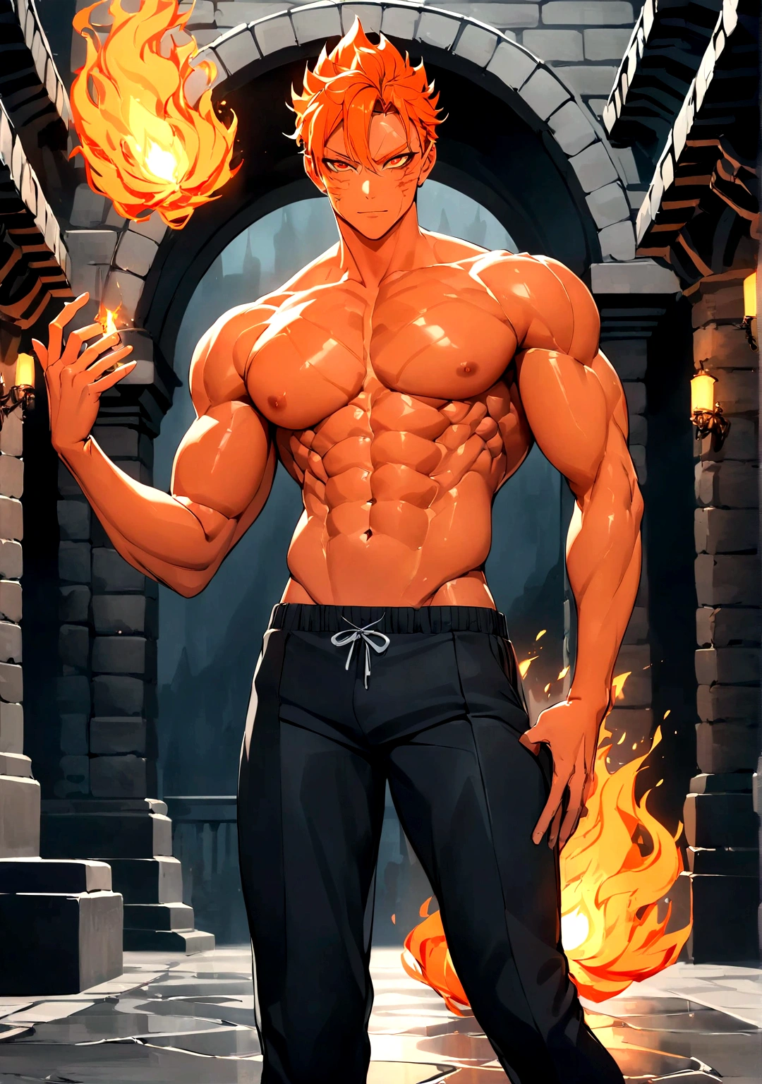 masterpiece, Top quality, 16k uhd, Stand, 1 male fire genasi with orange skin, Fire Wizard, no top, Free upper body, Six-pack muscles, muscular physique, elegant black trousers, fiery burning flame hair, Fire Mage, a swirling fireball hovers above his left hand, Magical setting, Confident Pose, devilish smile. highly detailed facial and skin texture, detailled eyes, square eyebrows, Amber eyes with sparks, Fine facial features, chiseled jawline, Shiny orange skin with smoky undertones