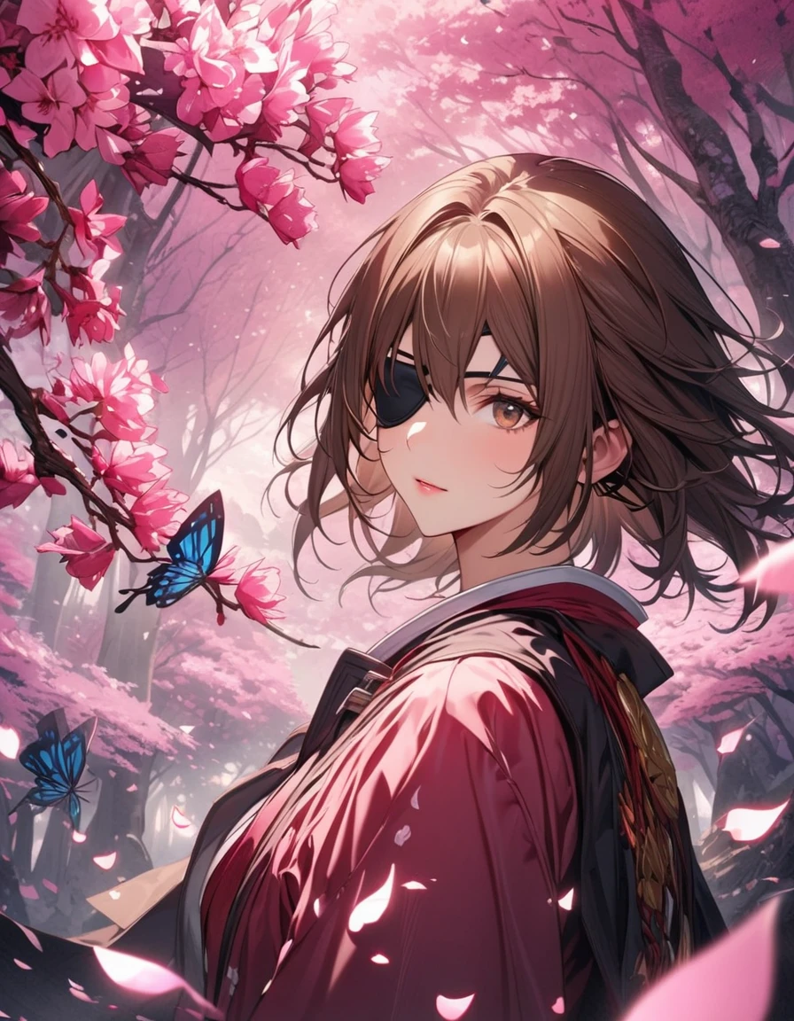Super detailed, High resolution, Absurd, High resolution, Date Masamune, Brown Hair, Brown eyes, Black eyepatch, Sengoku BASARA, petal, good looking, Only 1 person, pink forest, butterfly