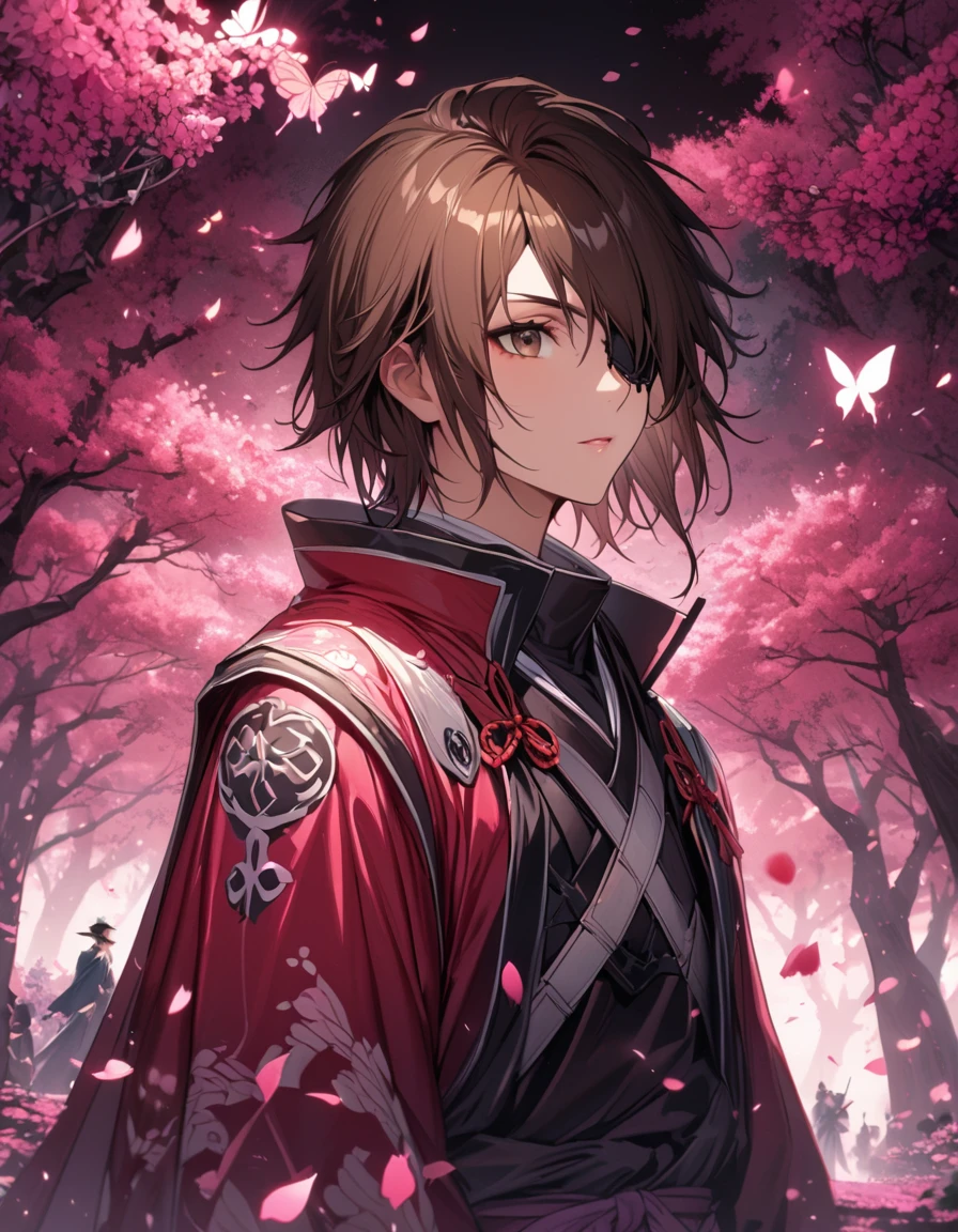 Super detailed, High resolution, Absurd, High resolution, Date Masamune, Brown Hair, Brown eyes, Black eyepatch, Sengoku BASARA, petal, good looking, Only 1 person, pink forest, butterfly