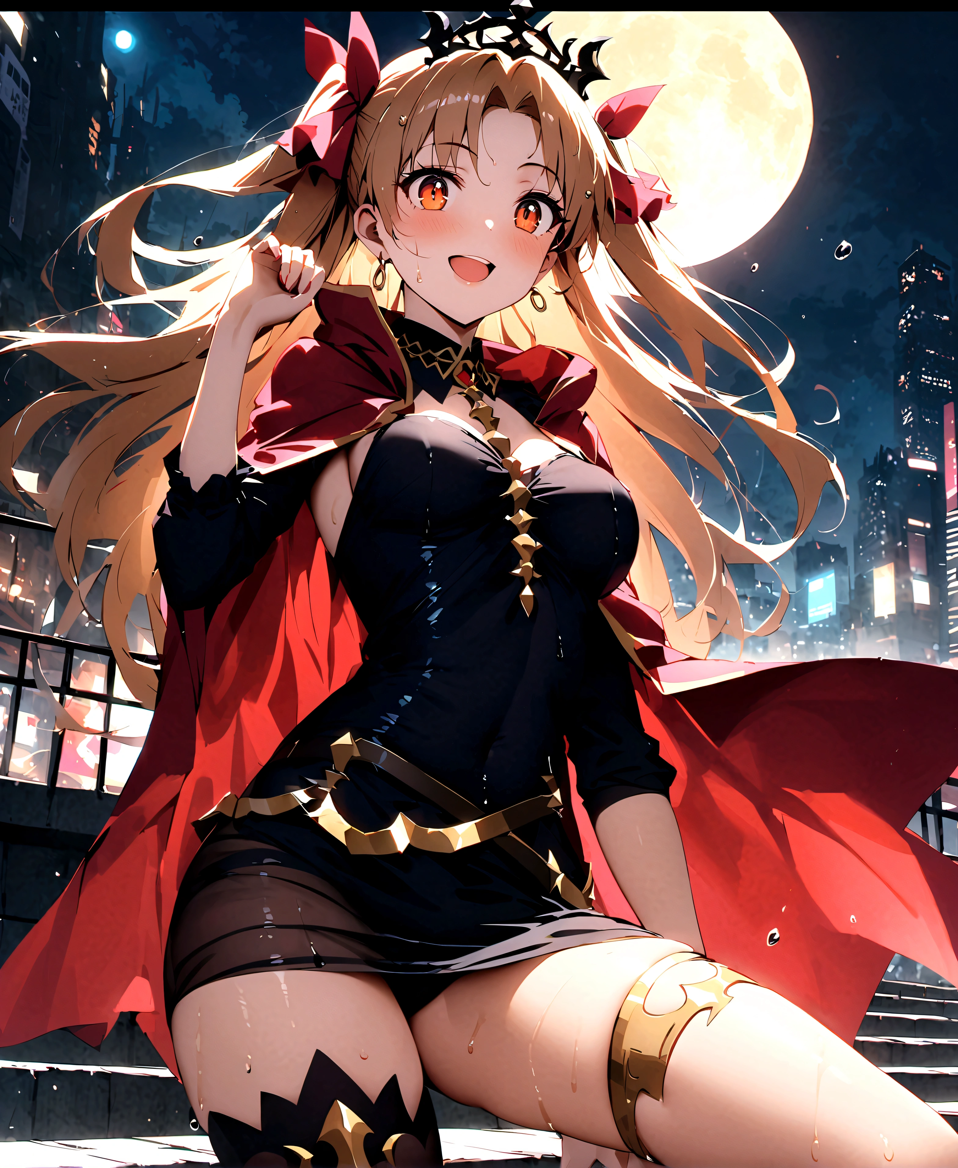 score_9、score_8_up、score_7_up、source_アニメ、1 person、solo、Staring at the audience、Ereshkigal、Two Side Up、Hair Ribbon、Ereshkigalベース、tiara、Black Dress、Short dress、One Sleeve、Gold border、Red Cape、One Thigh High、Black thigh-highs、Open your mouth、Wicked Smile、smile、Outdoor、rooftop、Cityscape、Underworld、Galraray、Mistress、Dynamic Pose、Spread your legs、night、night空、Wet clothes、Wet、Wet Hair、moon、City lights、Wet Dress、See-through dress、Part your lips、Surprised、Drops of sweat