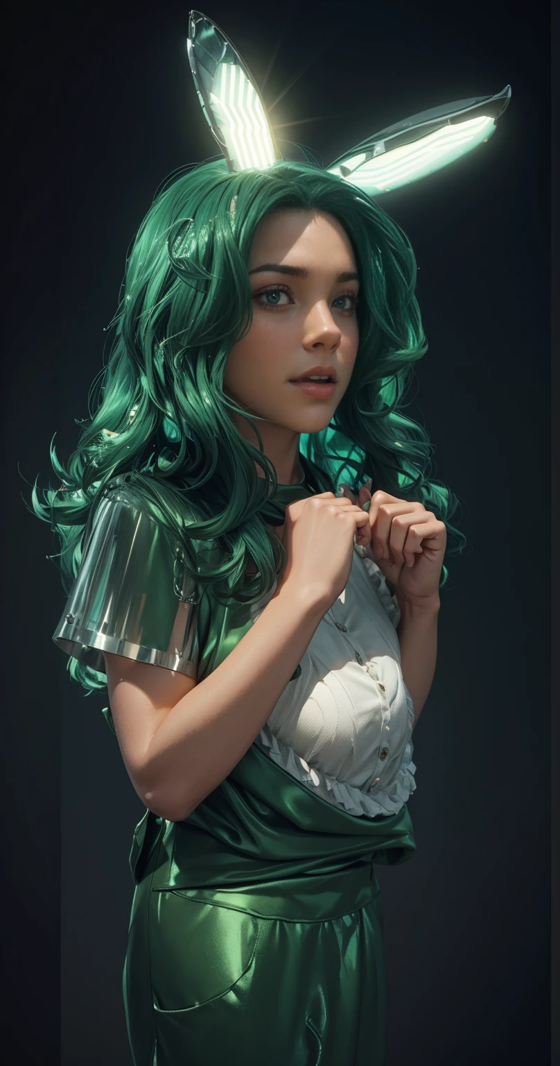 The image depicts a young girl with green hair and a costume that resembles a teddy bear. She is holding a white object in her right hand and has her left hand on her chest, smooth 3d model, glossy plastic texture, multiple light sources, rim light, sharp post effects render, most beautiful vfx, , realistic, 4k, high resolution, rim light, smooth 3d model. , glossy texture, smooth 3d model, multiple light sources, rim light, sharp post effects render, (glossy plastic texture with multiple big light probe refractions), perfect cgi, reflective, best quality, 4k, masterpiece:1.2, ultra-detailed, realistic, vivid colors, The image of the highest quality, ensuring every detail showcased perfectly. It in 4k resolution, allowing viewers to immerse themselves in the richness of the colors and intricate details. The realistic rendering. under the spotlight, reflecting, high-resolution image, realistic rendering