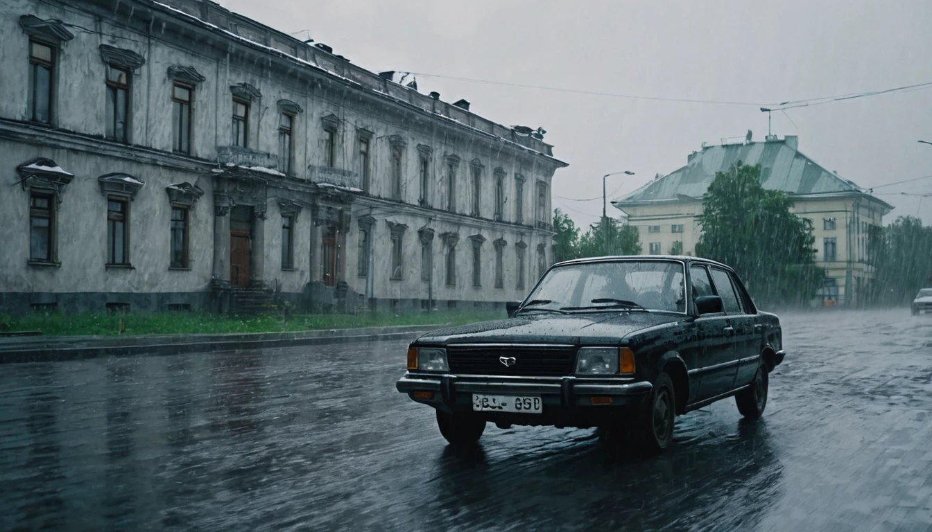 Black car from the 90s, driving against the background of old Soviet buildings, rain, rainy weather, rain, cinematic scene, cloudy weather