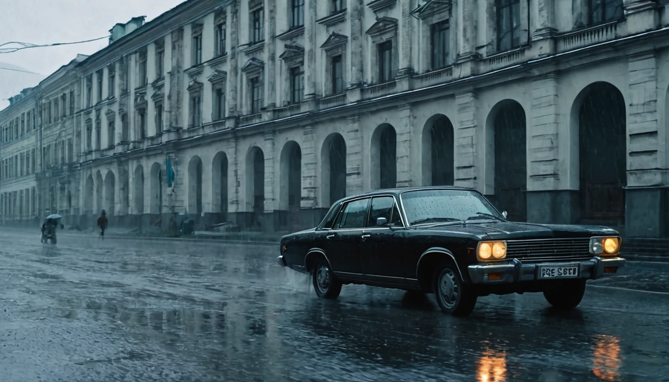 Black car from the 90s, driving against the background of old Soviet buildings, rain, rainy weather, rain, cinematic scene, cloudy weather