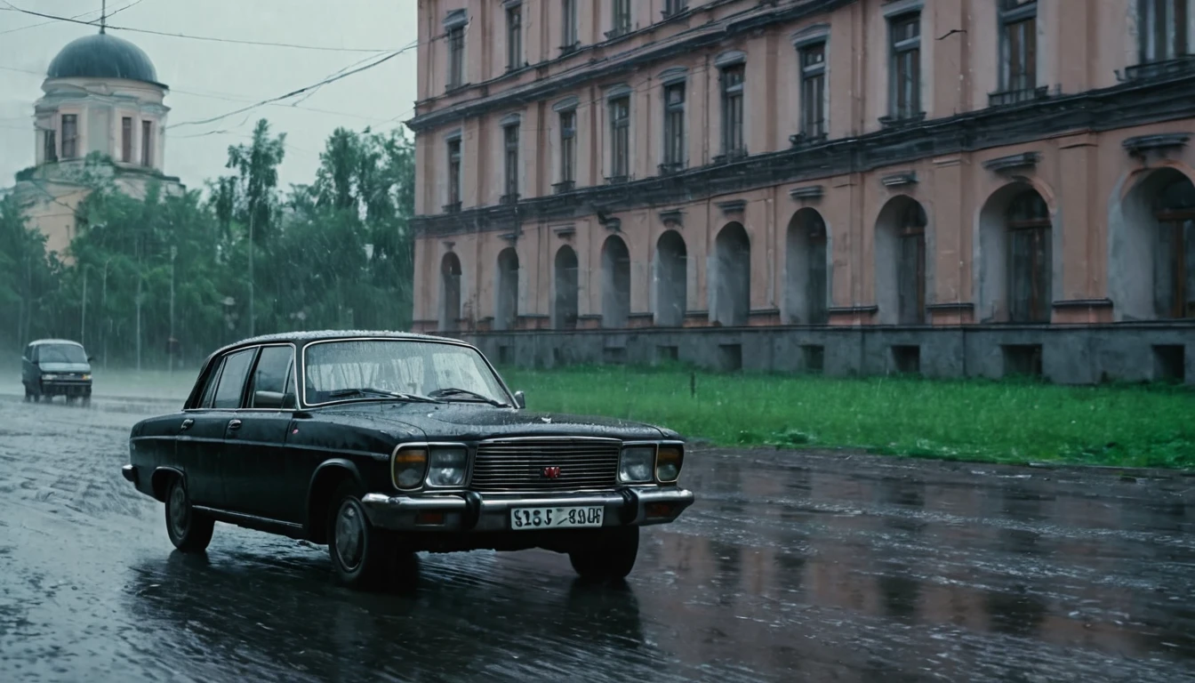 Black car from the 90s, driving against the background of old Soviet buildings, rain, rainy weather, rain, cinematic scene, cloudy weather
