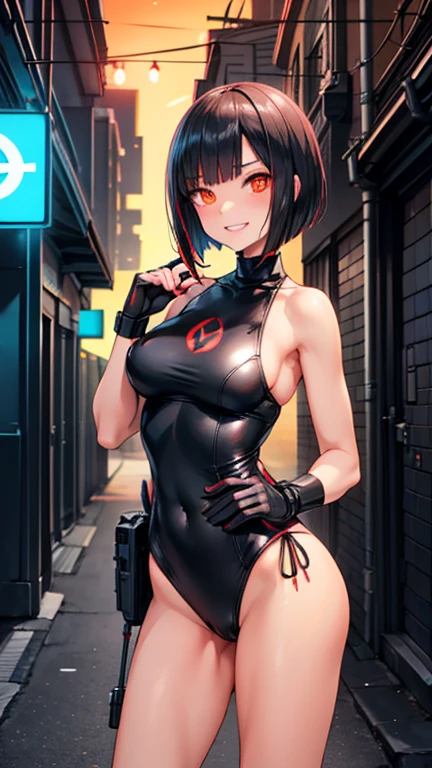 Adult women　tall　red and black bob cut　smile　Showing teeth　Black School Swimsuit　turtleneck　Cyberpunk City　night　neon　Alley　Pistol　orange goggles