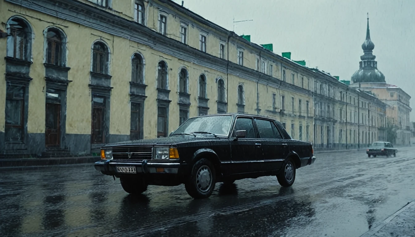 Black car from the 90s, driving against the background of old Soviet buildings, rain, rainy weather, rain, cinematic scene, cloudy weather