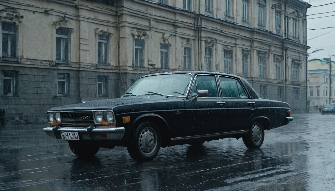Black car from the 90s, driving against the background of old Soviet buildings, rain, rainy weather, rain, cinematic scene, cloudy weather