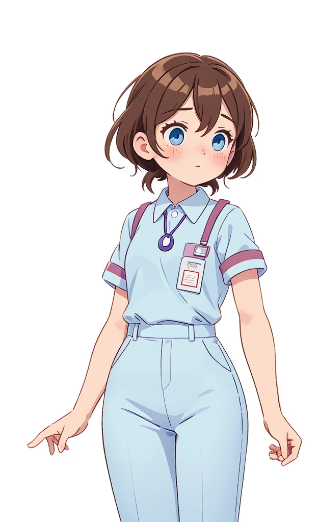 Visual novel, (character sprite), game sprite, blue eyes, brown hair, shy, adult, ditsy, nurse uniform, while uniform, name tag, ID lanyard, short sleeves, trousers, cute