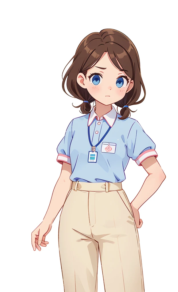 Visual novel, (character sprite), game sprite, blue eyes, brown hair, shy, adult, ditsy, nurse uniform, while uniform, name tag, ID lanyard, short sleeves, trousers, cute