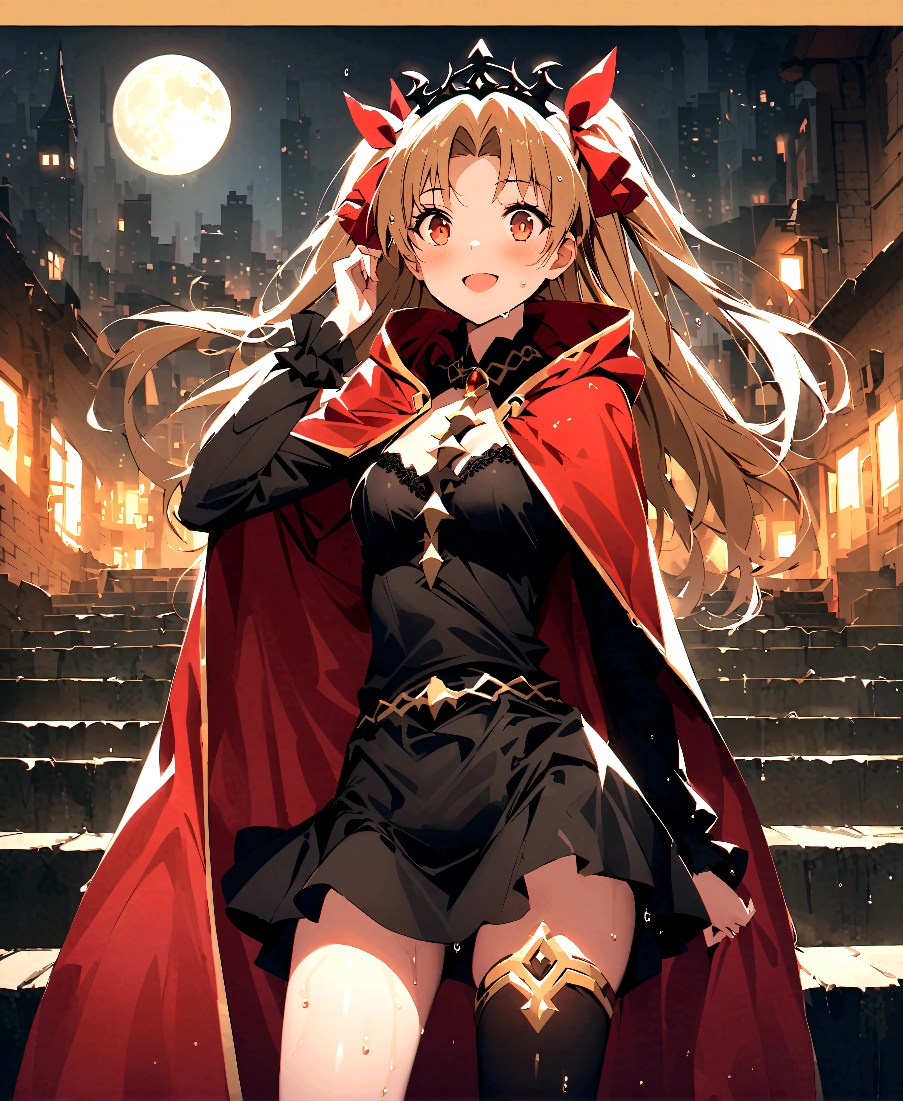 score_9、score_8_up、score_7_up、source_アニメ、1 person、solo、Staring at the audience、Ereshkigal、Two Side Up、Hair Ribbon、Ereshkigalベース、tiara、Black Dress、Short dress、One Sleeve、Gold border、Red Cape、One Thigh High、Black thigh-highs、Open your mouth、Wicked Smile、smile、Outdoor、rooftop、Cityscape、Underworld、Galraray、night、darkness、Dynamic Pose、Spread your legs、night、night空、Wet clothes、Wet、Wet Hair、moon、City lights、Wet Dress、See-through dress、Part your lips、Surprised、Drops of sweat