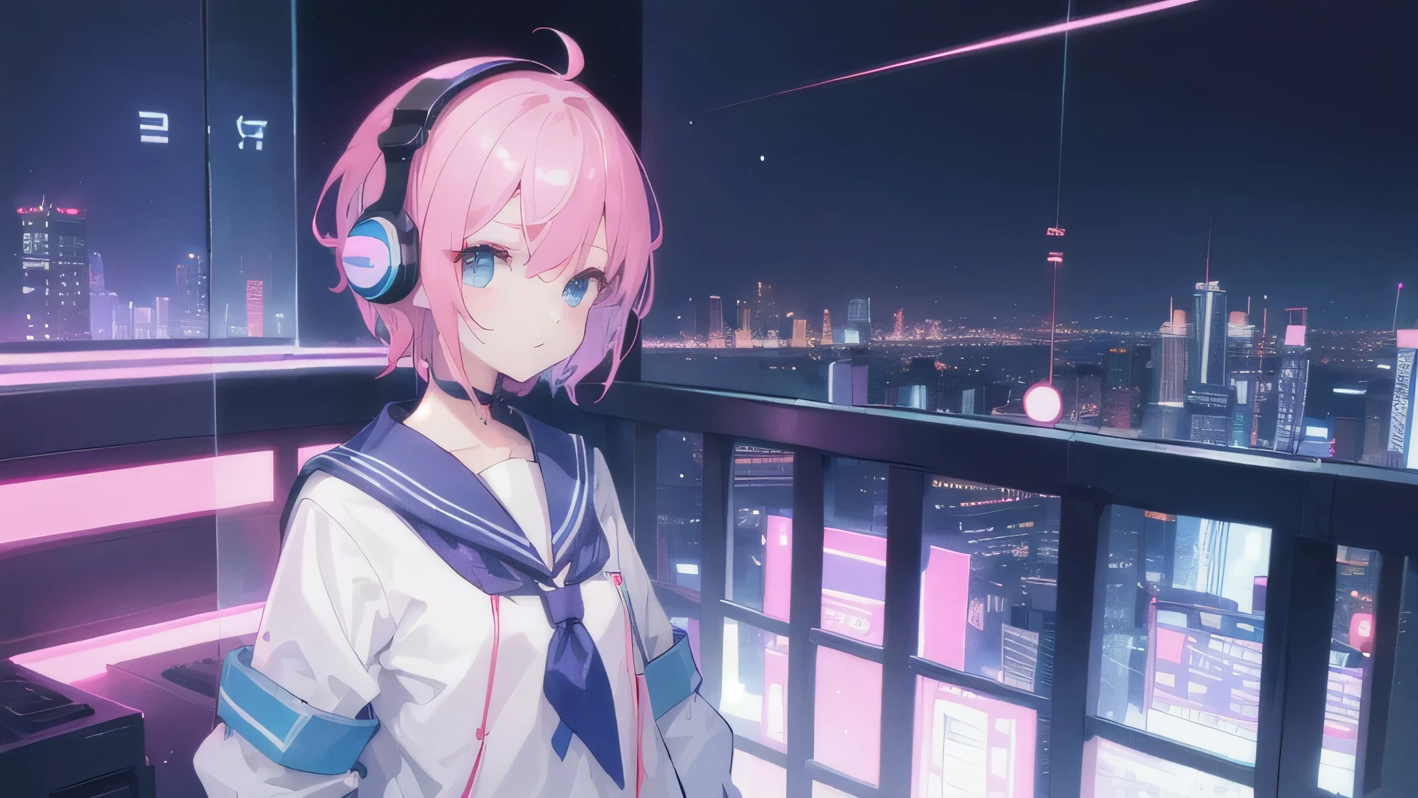 Girl in a sailor suit,Slender body,Neon streets of a futuristic city,Neon Light,Skyscrapers can be seen in the distance,Pink shorthair,Blue short hair,Purple headphones,Photo of the draw,Shoot from a distance,Take an aerial shot from slightly above,Highest quality,Car tail lights,Afterimage,it's raining,Don't stick an umbrella,Ultra HD,8K,Artistic,Japanese anime,Beautiful depiction with detailed images,Highest quality,
