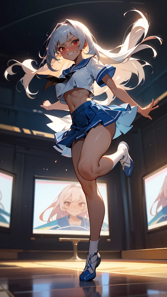 girl, masterpiece, Highest quality, ultra detailed, CG unity 8k, Cinema Lighting, Lens flare, ultra detailed eyes, sexy, big breast, young adult, dark skin, finely red eyes, wild long hair, silver hair color, , short sleeve suit ,white shirts, , sailor suit, mini skirt, (dark blue skirt:1.2), straight skirt, Doing backflips in the air, dancing, scars, blushing, ( evil smile;1.3), evil grin, (sharp eye:1.2),(scowl:1.1), (stare at viewer:1.5), looking down, tall stature, glamor, (embarrassed,blush:1.3), nsfw,(ecstasy:1.3) ,(slut:1.2),(vulgarity:1.3),(fucked silly:1.1),(wet:0.8),(drooling:0.6),(sweat:0.8), from below, glistening skin, abs, tanned skin, smug face, surrounded by audience, Frolicking,full body , straight hair, Basketball court, fisheye, shadow, illusion effect, powder light