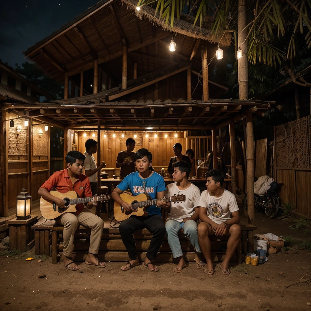 A stunning, high-quality photograph of six Indonesian man, aged 20, gathered on a residential street at night. They are wearing casual clothes in a variety of vibrant colors, creating a lively and diverse scene. One of the youths is playing an acoustic guitar, contributing to the cheerful atmosphere. In the background, a bamboo hut with a 'Pos Ronda' label adds a touch of local charm to the image. The photo is expertly captured using DSLR, showcasing the natural beauty and detailed expressions of the subjects. This portrait photography masterpiece beautifully captures the essence of youth, camaraderie, and the Indonesian culture., wildlife photography, photo, portrait photography