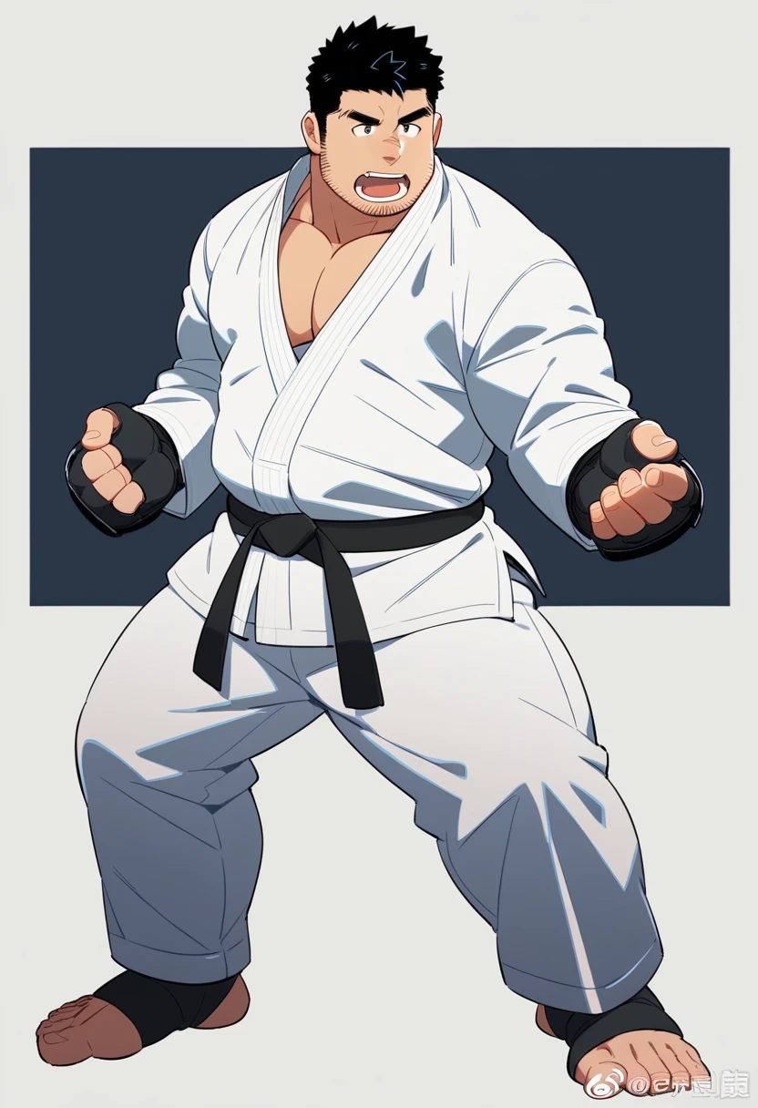1male, solo, male focus, fighting stance, open mouth, big pupils, black hair, short hair, (plump:1.2), (bara:1.4), stocky, karate gi, black belt, fingerless gloves, toeless legwears. cool, awesome, full body, anime, best quality, amazing aesthetic, high res