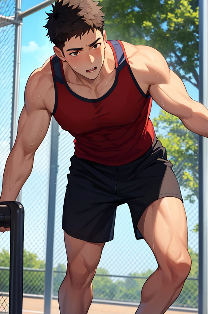 masterpiece, best quality, 1boy, solo, male focus, PE teacher, leaning forward, muscular male, b;acl tank top, shorts, bulge, brown eyes, short hair, black hair, looking at viewer, (covered nipples:0.8), bara, sweat, park, tree