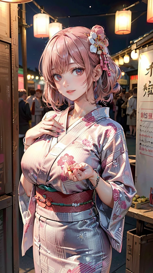 (Masterpiece, BestQuality:1.3), (ultra detailed:1.2), (hyperrealistic:1.3), (RAW photo:1.2), High detail RAW color photo, professional photograph, (Photorealistic:1.4), (realistic:1.4), professional lighting, perfect anatomy, (Big Breasts:1.2), (blush, detailed face), (cheerful Smile:1.5), (Pink Hair:1.5), Trending Hair&Trending Hairカラーをランダムに, earrings, necklace, bracelet, sexly, erotic sexly, Random sexy gravure poses, (A beautiful woman in a yukata is smiling seductively at a summer festival stall。Wearing silver hair accessories、Posing with a fan in one hand。: 1.3)