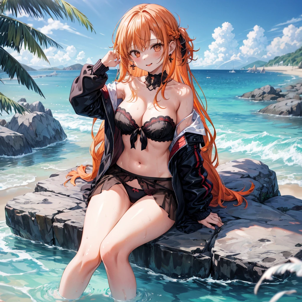 ((Highest quality)), ((masterpiece)), ((detailed)), (4K), (nsfw), 1girl, 独奏, cross earrings, jacket, underwear, panties, side-tie panties, strapless bra, black panties, breasts, long hair, navel, jewelry, untied panties, open clothes, orange hair, sitting, earrings, cross, white shirt, looking at viewer, tongue, off shoulder, tongue out, open shirt, long sleeves, large breasts, untied, beach, water, (wet)