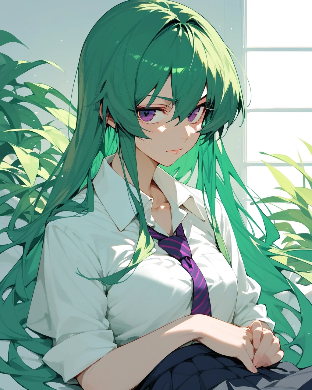 masterpiece, Highest quality,Kusanagi Nin々,project sekai,One girl,Green Hair,Purple Eyes,long hair,high school girl,