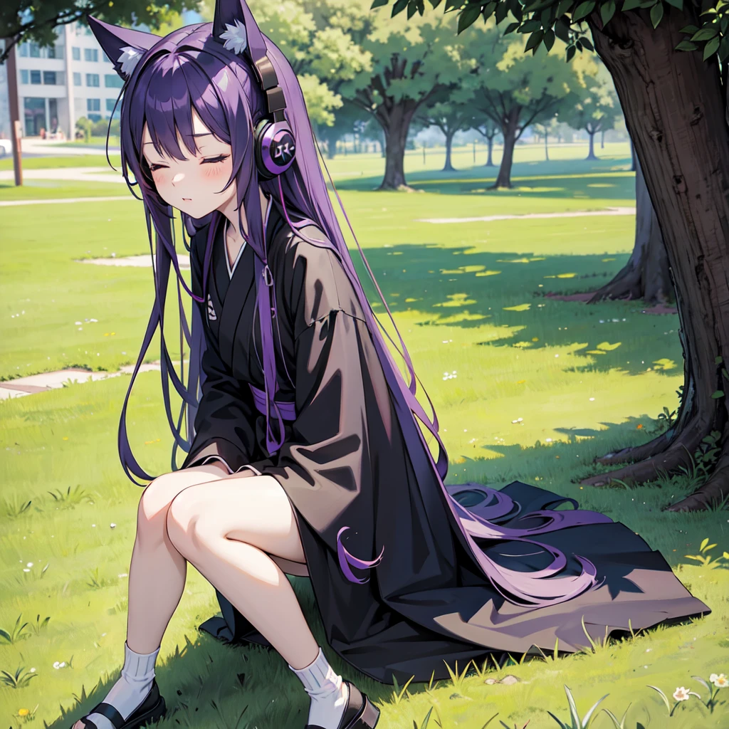 1 person. Anime girl with long purple hair and black robe. Pointy ears. Cute as in manga. Sitting on grass with eyes closed. Headphones.