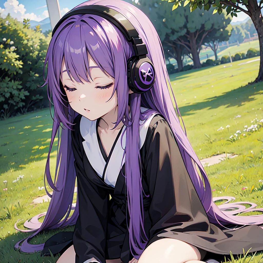 1 person. Anime girl with long purple hair and black robe. Pointy ears. Cute as in manga. Sitting on grass with eyes closed. Headphones.