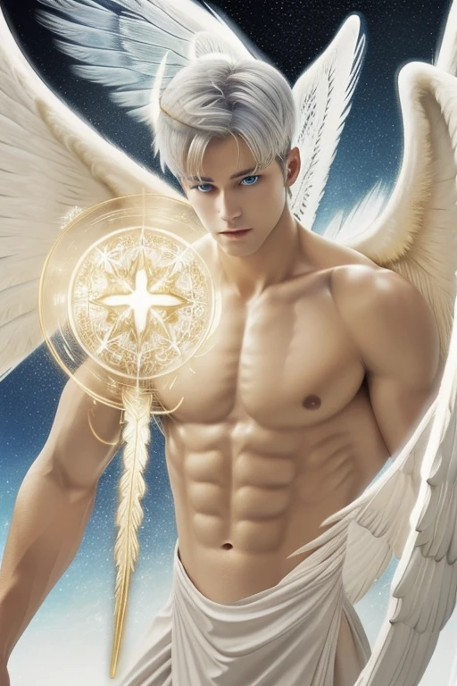 Full body shot (close-up:1.5),muscle,menstoga,in white and gold costume, male focus, solo, 1boy, (bare shoulders),looking at viewer, ice blue eyes,nude,(Seraphim:1.5), (multiple wings:1.5), in the sky, (floating:1.3), (midair:1.5), cloudan with wings), angel wings, glowing, bloom, platinum hair, outdoors, stars,golden feathers, (gold magic swirling),(Masculine face:1.2), half body shot 