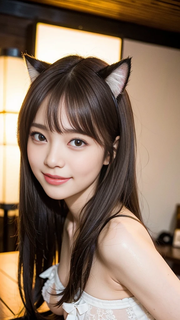 Highest quality、超A high resolution、(Photorealistic:1.5)、1 girl、(Brown Hair:1.2)、(Big Breasts:1.2)、Cat Cafe、Whole Body Ezbian、Smile、Wearing cat ears、Bad Eyes、Shooting from various angles、, (Fascinating),