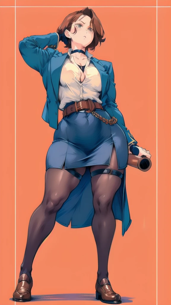 Full body image of Nobara Kugisaki, full body in image, wearing her original  (dark blue jacket and skirt, brown belt, black stockings, and brown shoes), short hair, female body, curvy body, dynamic pose, detailed pose, simple background, expressive face, focus on face, line art, sketch