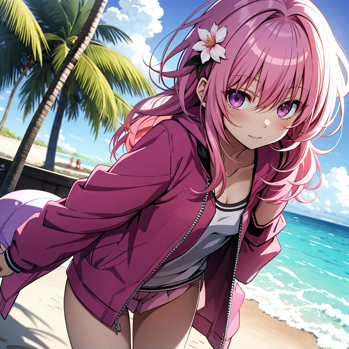 Momo Belia Deviluke has short pink hair and purple eyes. In the To LOVE-Ru manga, straightened her hair out She also has two small flowers on her hair. on beach