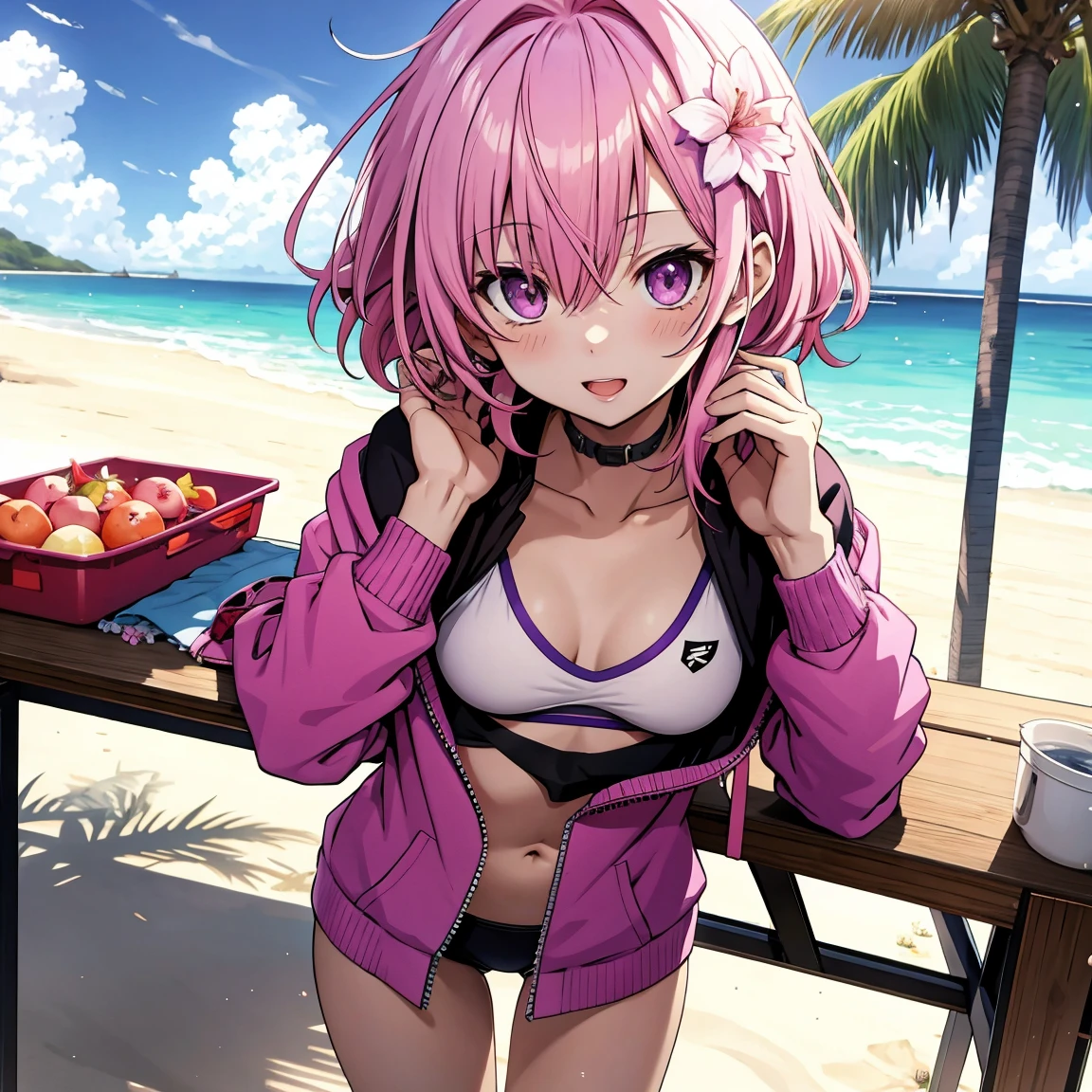 Momo Belia Deviluke has short pink hair and purple eyes. In the To LOVE-Ru manga, straightened her hair out She also has two small flowers on her hair. on beach