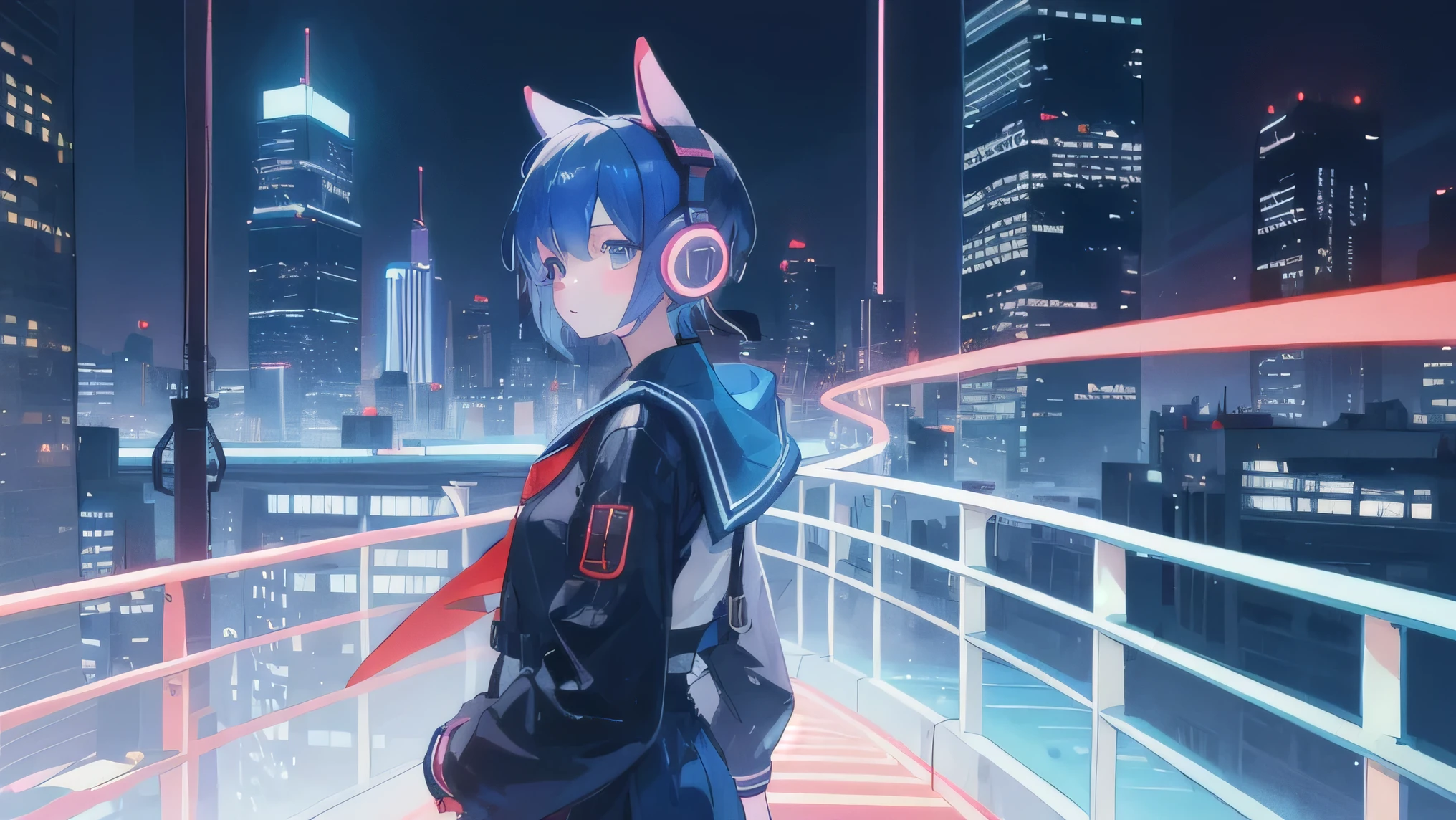 Girl in a sailor suit,Neon streets of a futuristic city,Neon Light,Skyscrapers can be seen in the distance,Blue-haired shorthair,Blue short hair,red headphones,Photo of the draw,Shoot from a distance,Take an aerial shot from slightly above,Highest quality,Car tail lights,Afterimage,it's raining,Don't stick an umbrella,Ultra HD,8K,Artistic,Japanese anime,Beautiful depiction with detailed images,Highest quality,