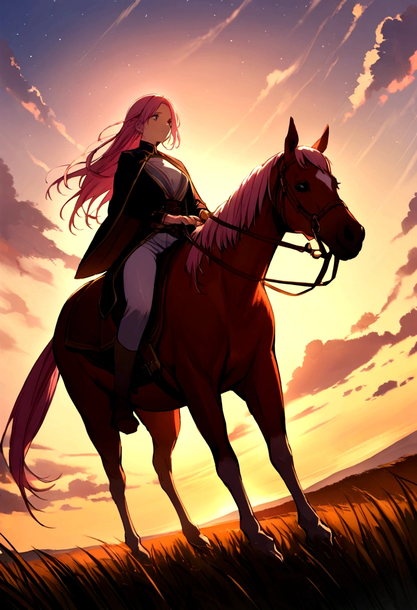 Great Plains、horizon、Girl with pink hair、Nomad、Angle from afar、ride a horse