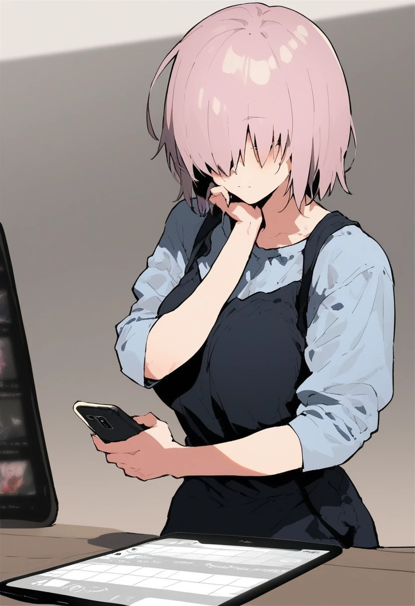 score_9, score_8_up, score_7_up, source_anime, (mash kyrielight), fully clothed light-skinned female in a bar, texting, looking at smartphone,