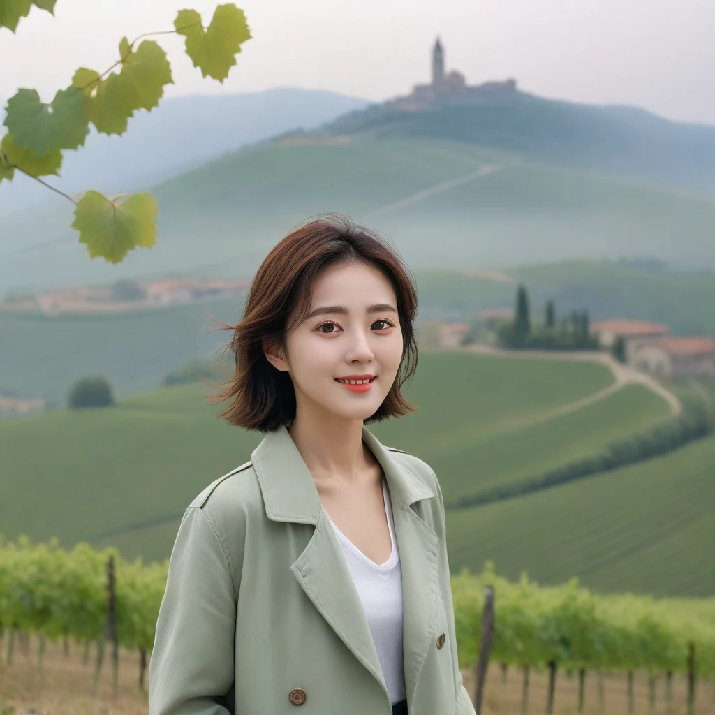 k Best picture quality, Beautiful 36-year-old Korean woman, You have good skin and big and pretty eyes... clear and nice weather. Chest size 34 inches, italian countryside, past the vineyard, The cathedral can be seen in the distance in thick fog.., The back background is realistic and vivid quality., Short and medium hair blowing in the wind, Wearing a light green casual light trench coat over a T-shirt.. beige casual pants, I'm smiling. Standing on a hill overlooking vineyards. the background is clear, Short and slim Korean woman, stand far away, Photo taken with a wide-angle lens, One woman with big and pretty eyes, eyes are round and big