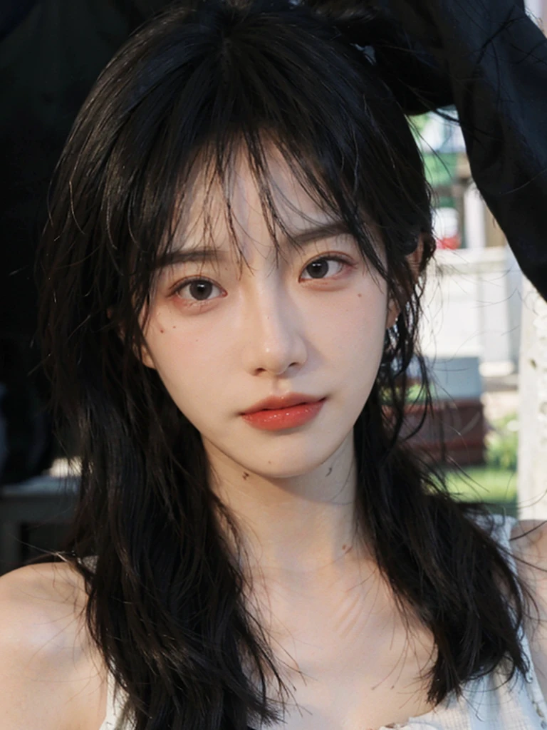 (Skin details:1.4), (smooth skin textures:1.3), Lipstick, background,海滩background, Direct vision, earrings, serene, calm, (Realistic and detailed eyes:1.2), Natural skin texture, Realistic facial details, Soft dramatic lighting, Vivid details, 35 mm film, outdoor, (Photo Practical:1.4), (hyper Practical:1.4), (Practical:1.3), (Smoother lighting:1.05), (Improve lighting quality:0.9), (Highest quality real skin textures:1.4), Exquisite eyes, Delicate face, Close-up of face, (Enhance the beauty of skin texture:1.1), Hair details, normal body ratio, Model, Moles under the eyes, thinking, A faint smile,公园background,Portrait Photography, Depth of Field, Bokeh, Surrealism, Ray Tracing, (Portrait Photography:1.1), Surrealism, High Detail, Chiaroscuro, Ray Tracing, reflected light, Ultra HD, Ultra HD, masterpiece, Textured Skin, Super Detail, High Detail, high quality, best quality