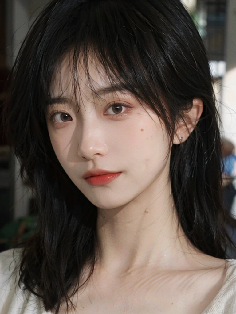 (Skin details:1.4), (smooth skin textures:1.3), Lipstick, background,海滩background， Direct vision, earrings, serene, calm, (Realistic and detailed eyes：1.2）, Natural skin texture, Realistic facial details, Soft dramatic lighting, Vivid details, 35 mm film, outdoor, (Photo Practical:1.4), (hyper Practical:1.4), (Practical:1.3), (Smoother lighting:1.05), (Improve lighting quality:0.9), (Highest quality real skin textures:1.4), Exquisite eyes, Delicate face, Close-up of face, (Enhance the beauty of skin texture:1.1), Hair details, normal body ratio, Model, Moles under the eyes, thinking, A faint smile,公园background，Portrait Photography, Depth of Field, Bokeh, Surrealism, Ray Tracing, (Portrait Photography:1.1), Surrealism, High Detail, Chiaroscuro, Ray Tracing, reflected light, Ultra HD, Ultra HD, masterpiece, Textured Skin, Super Detail, High Detail, high quality, best quality
