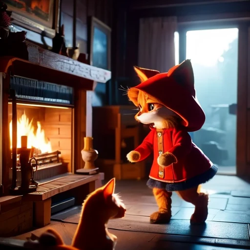 "In a dimly lit forest clearing at night, an orange cat named Little Red Riding Hood hides behind a bush as she discovers the betrayal. She watches in shock as the menacing wolf approaches her grandmother's cozy cottage. The wolf, with a sinister grin, knocks on the door and enters. The moonlight casts eerie shadows across the scene, highlighting the fear and tension. Little Red Riding Hood's eyes are wide with terror and sadness as she realizes the danger her grandmother is in."